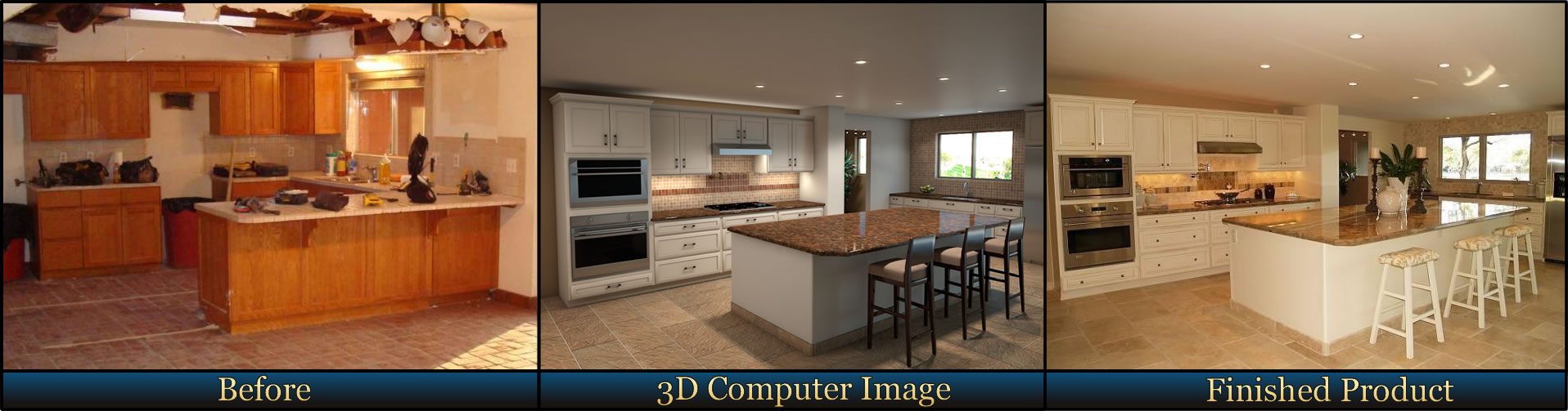 Kitchen Remodel, Before, 3d Digital Virtual View, and After Project Completion