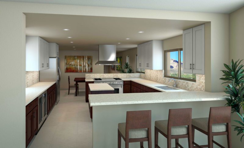 A kitchen with a large counter and lots of seating.