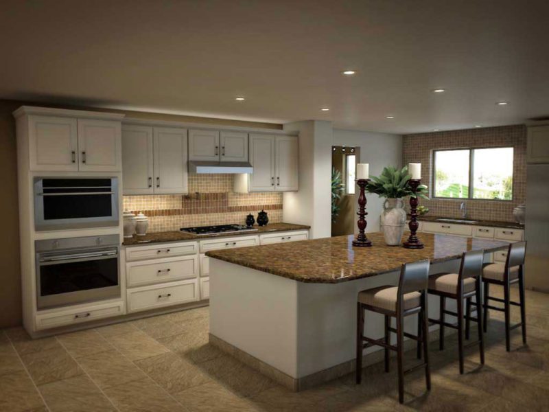 A kitchen with white cabinets and brown counter tops.