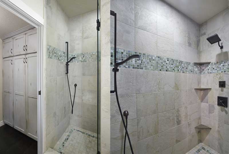 A bathroom with two separate shower stalls.