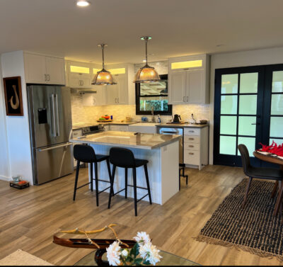 Modern kitchen with island and pendant lights