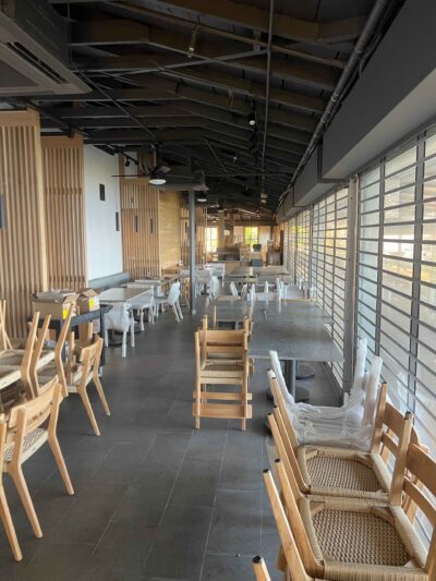 Empty restaurant interior with stacked wooden chairs